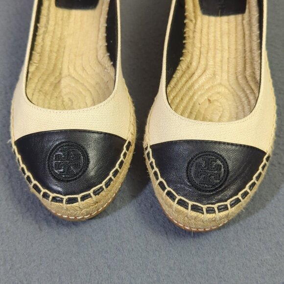 Tory Burch Shoes Women's 7 Cream Color Block Espadrille Recycled Canvas Nappa - Picture 2 of 13